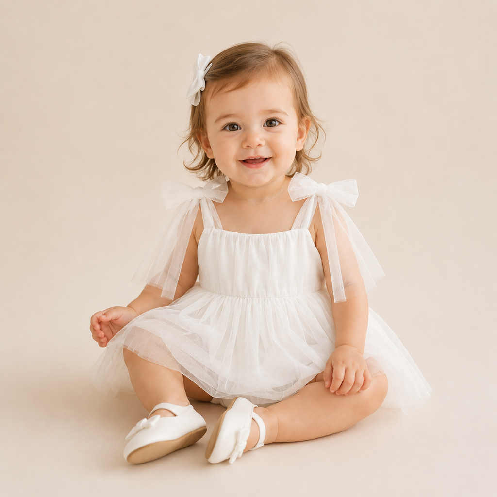 Barboteuse bébé fille blanche tulle épaules à nœuds cérémonie