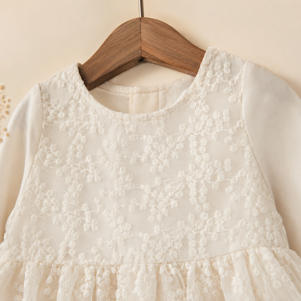Barboteuse bébé dentelle florale manches longues baptême beige