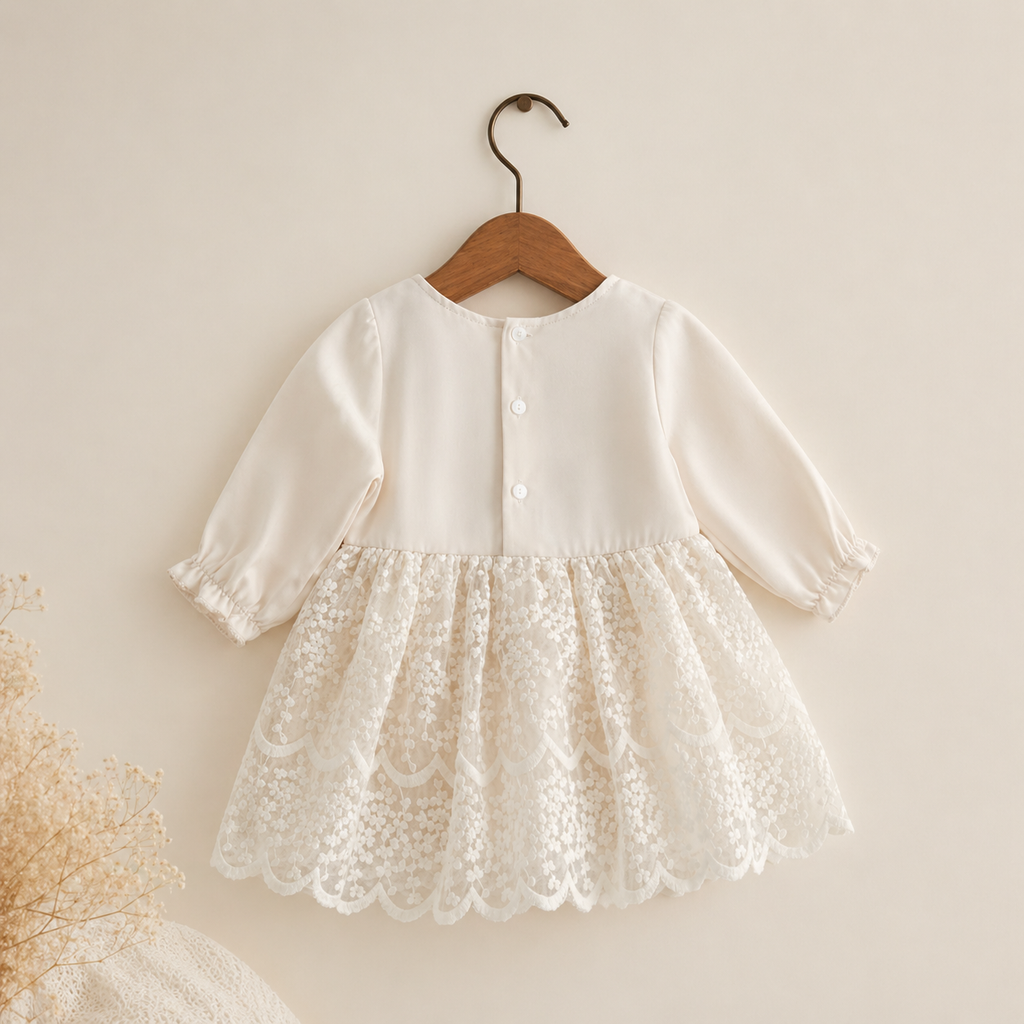 Barboteuse bébé dentelle florale manches longues baptême beige