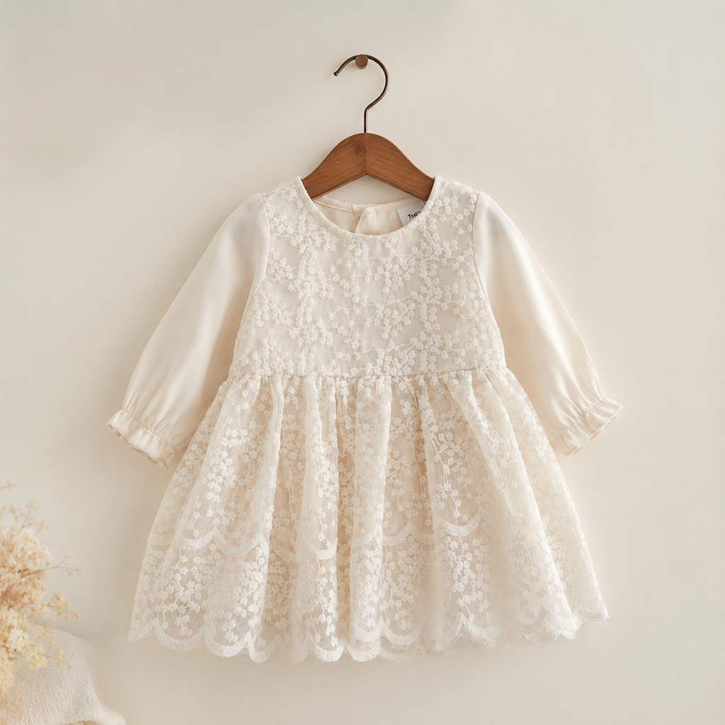 Barboteuse bébé dentelle florale manches longues baptême beige