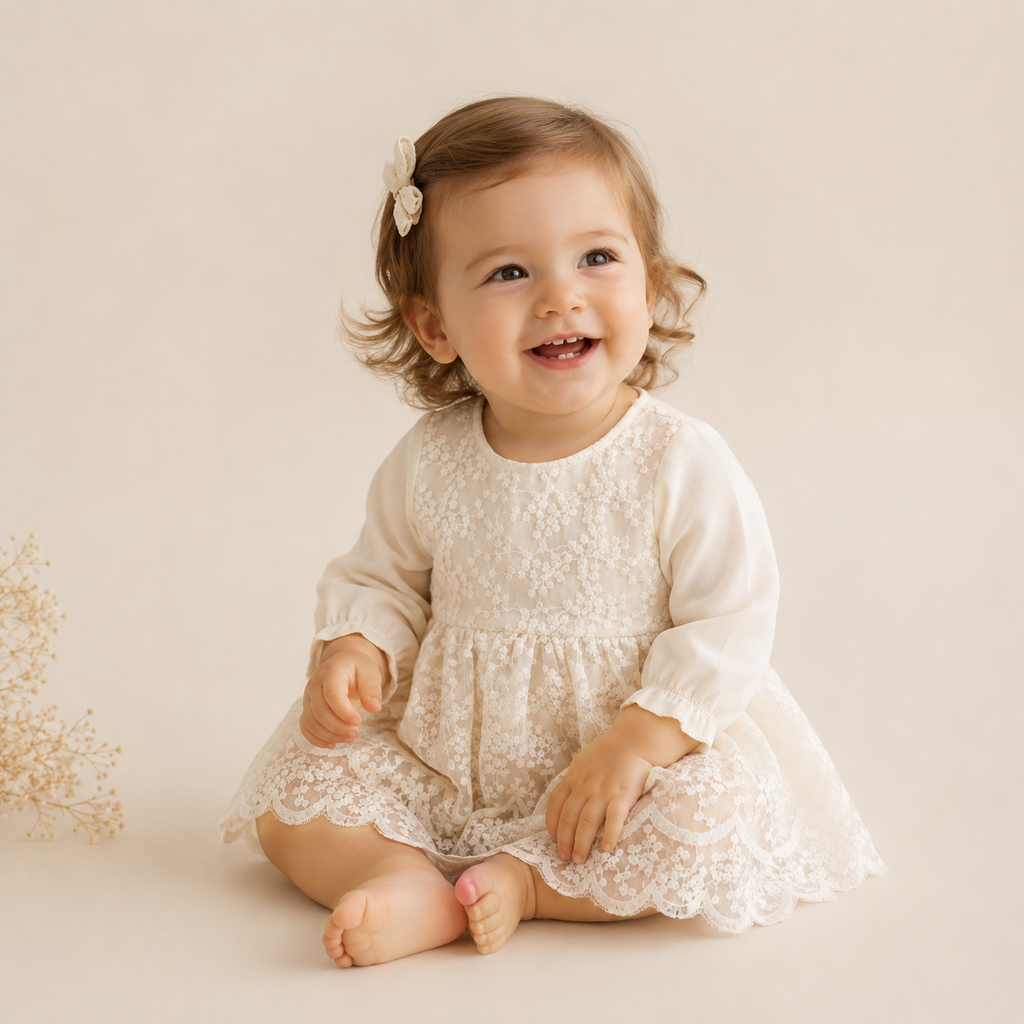 Barboteuse bébé dentelle florale manches longues baptême beige