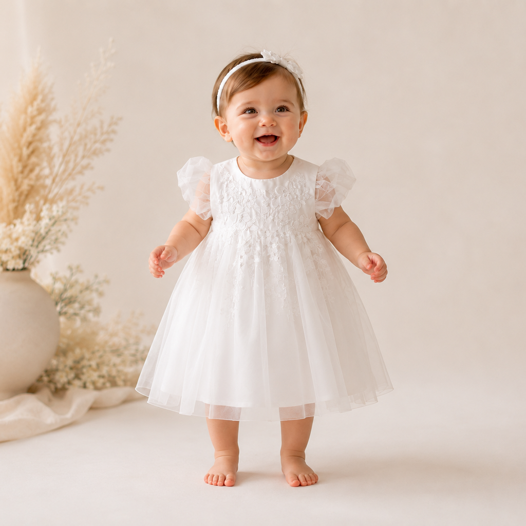 Robe blanche fille manches bouffantes appliqués dentelle baptême mariage