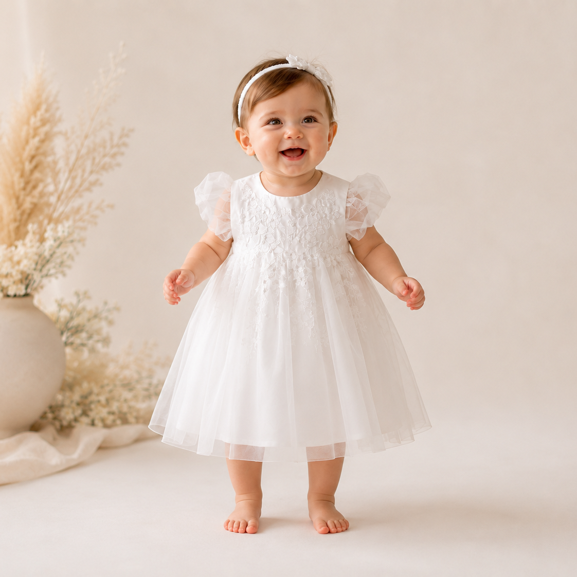 Robe blanche fille manches bouffantes appliqués dentelle baptême mariage