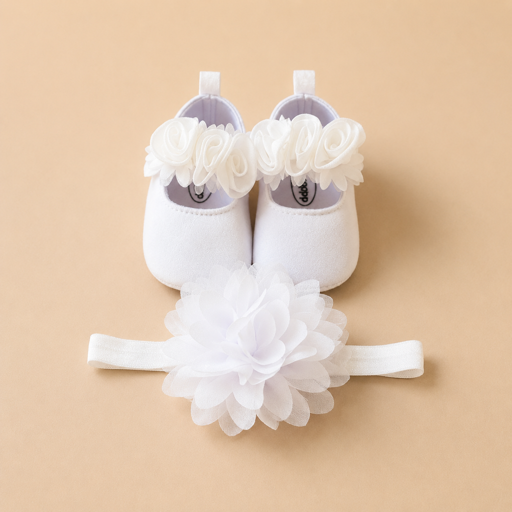 Chaussons bébé fille fleurs et bandeau fleuri – Ensemble cérémonie