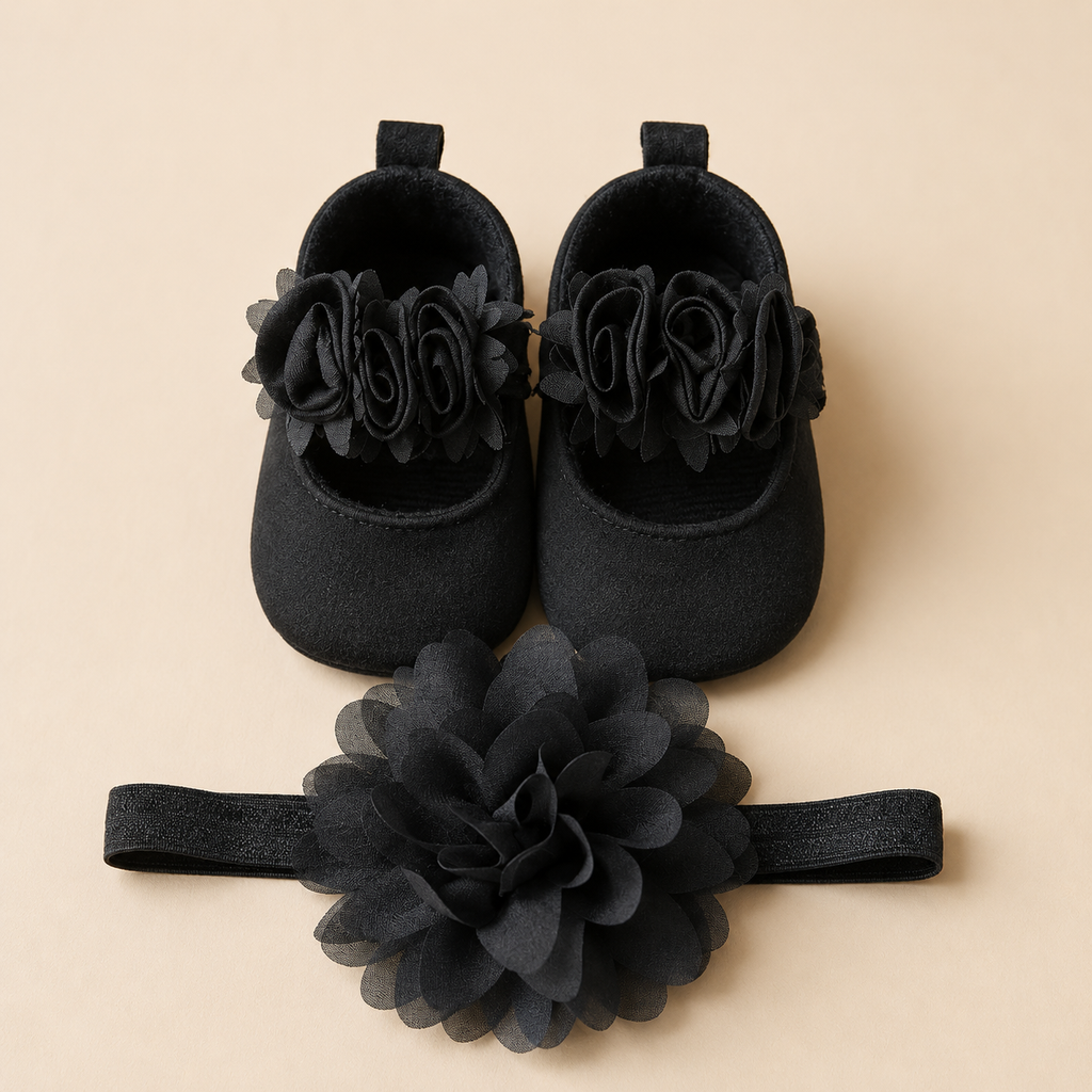 Chaussons bébé fille fleurs et bandeau fleuri – Ensemble cérémonie