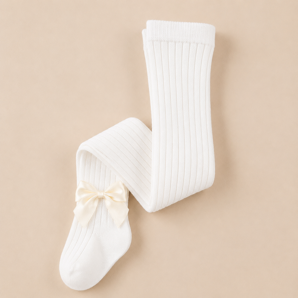 Collant côtelé fille cérémonie nœud papillon satin