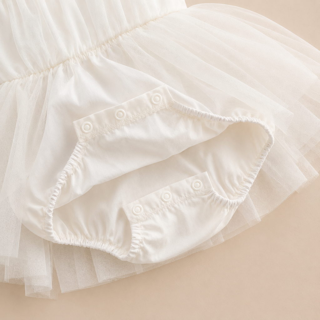 Barboteuse bébé fille blanche tulle épaules à nœuds cérémonie