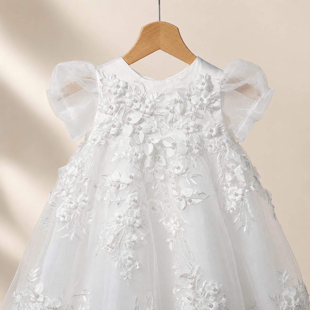 Robe blanche fille manches bouffantes appliqués dentelle baptême mariage