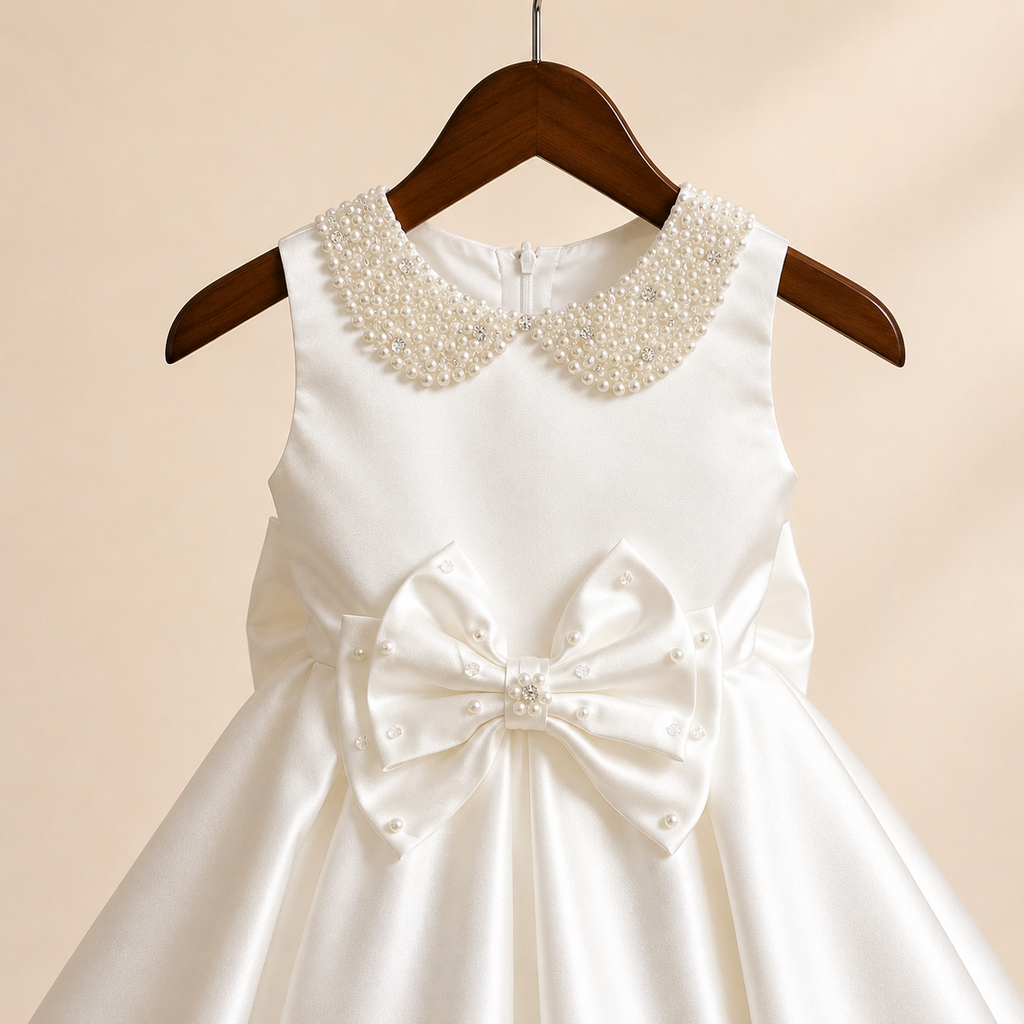 Robe bébé blanche satin col perlé grand nœud devant baptême