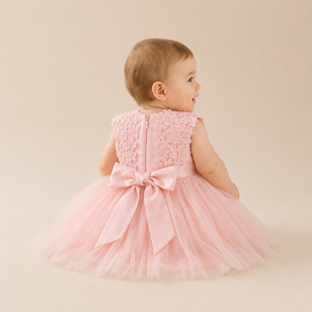 Robe bébé sans manches rose appliqués fleurs jupe tulle baptême