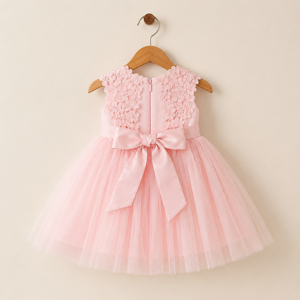 Robe bébé sans manches rose appliqués fleurs jupe tulle baptême