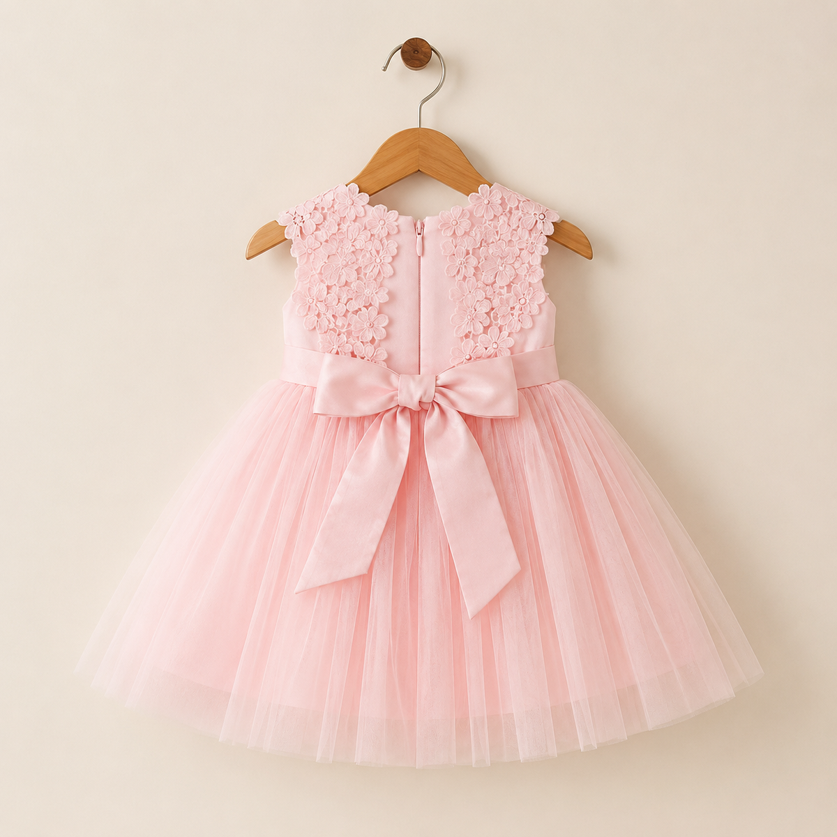 Robe bébé sans manches rose appliqués fleurs jupe tulle baptême