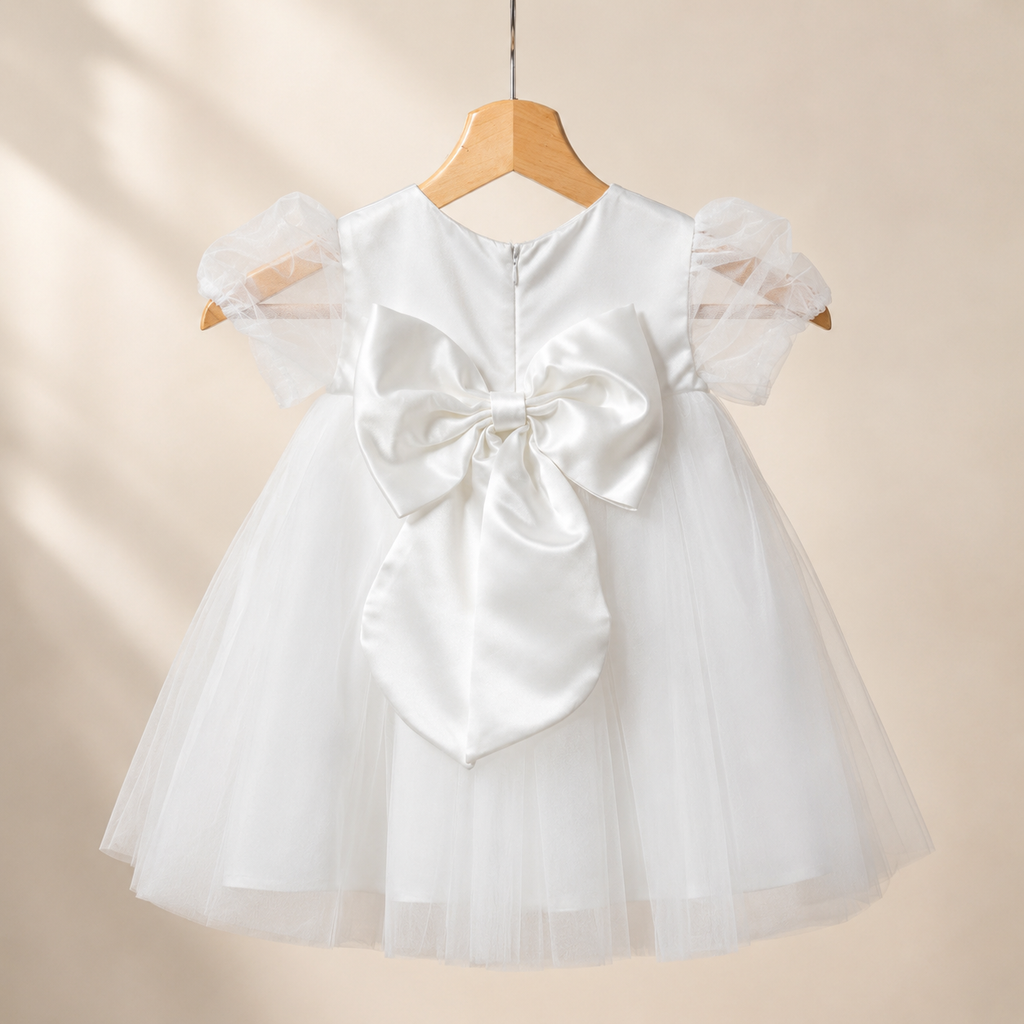 Robe blanche fille manches bouffantes appliqués dentelle baptême mariage