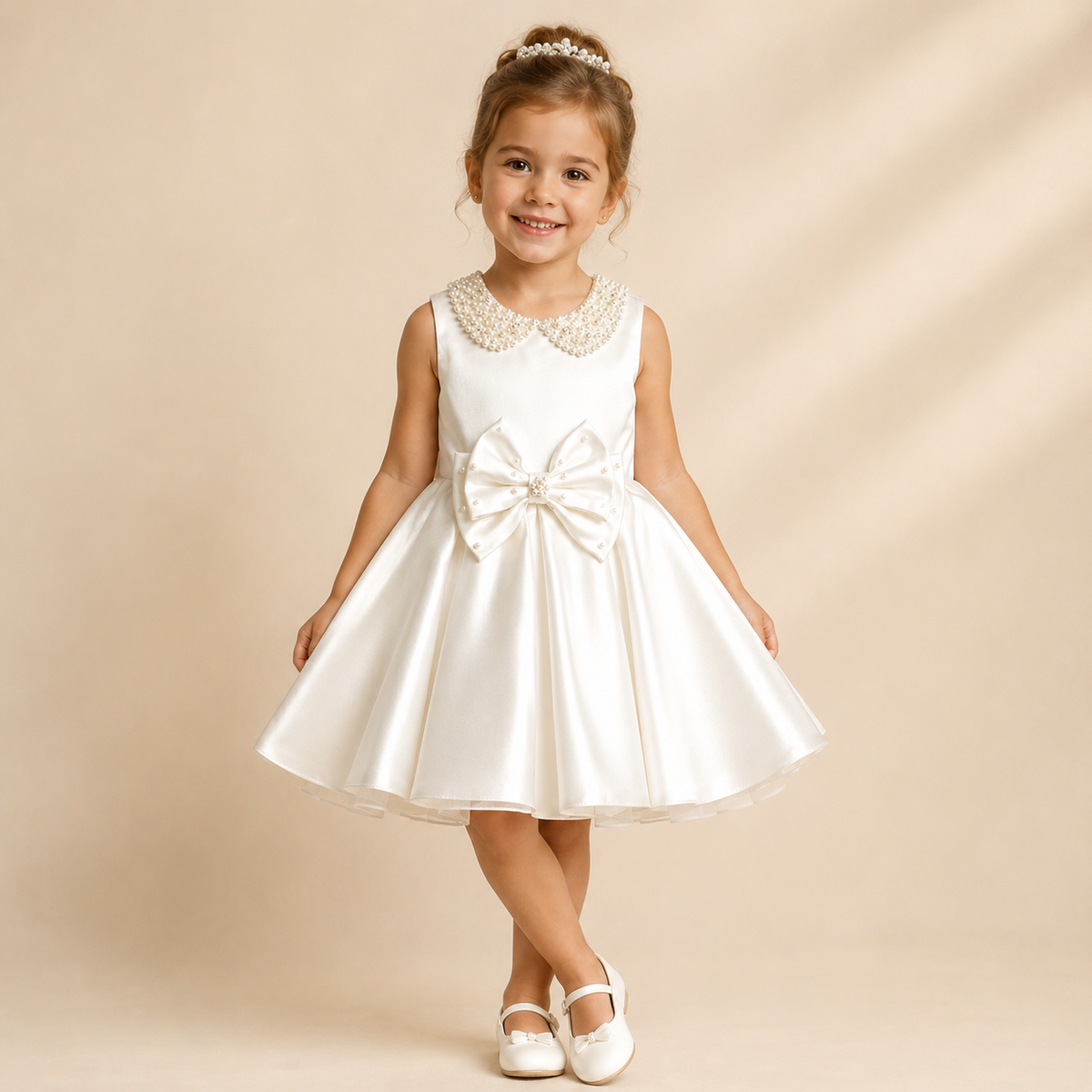 Robe bébé blanche satin col perlé grand nœud devant baptême