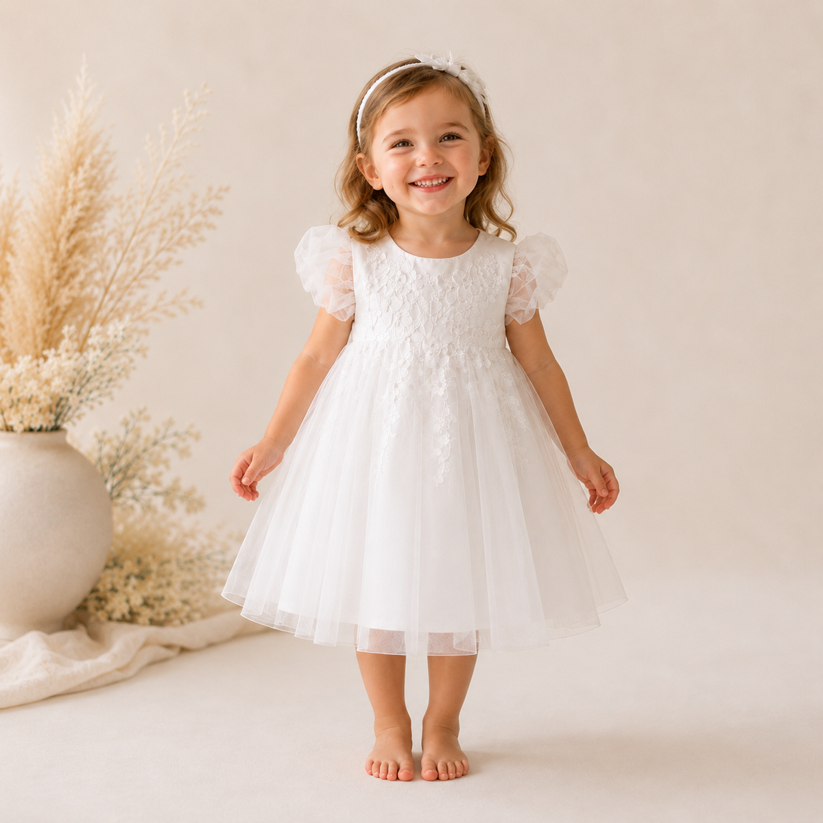 Robe blanche fille manches bouffantes appliqués dentelle baptême mariage