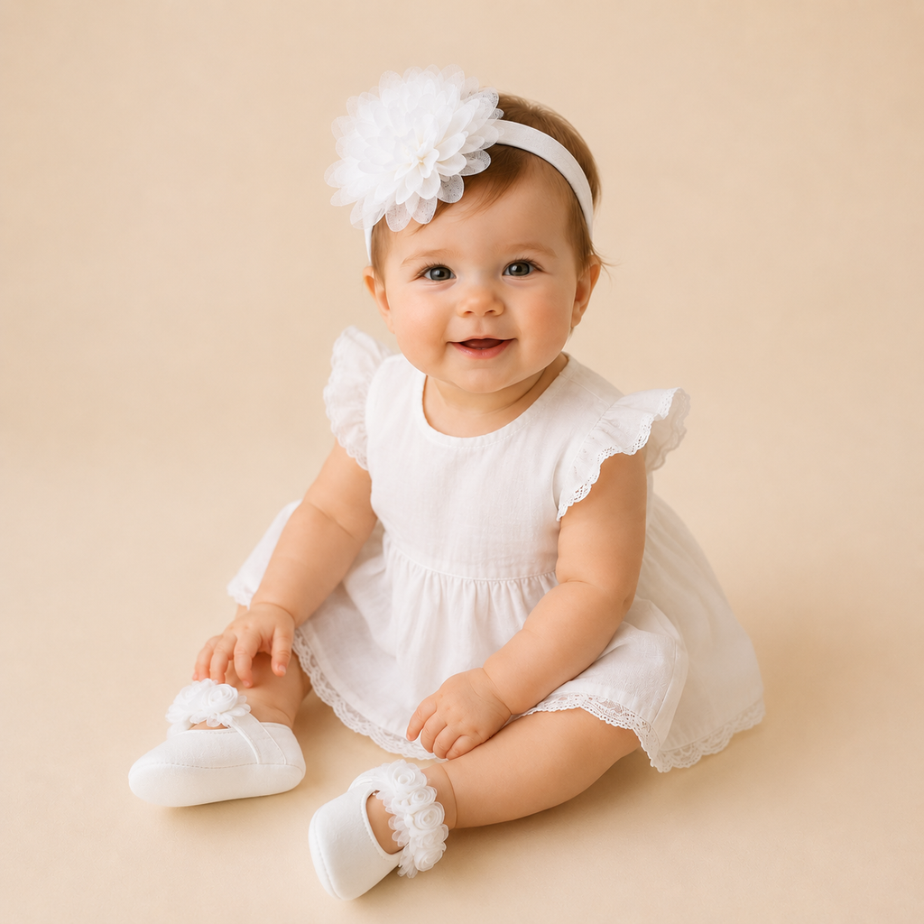 Chaussons bébé fille fleurs et bandeau fleuri – Ensemble cérémonie