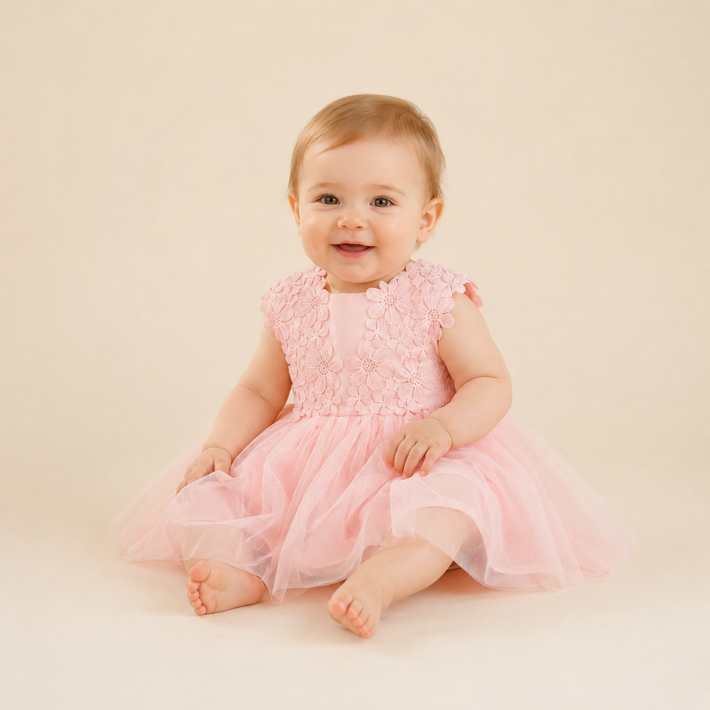 Robe bébé sans manches rose appliqués fleurs jupe tulle baptême