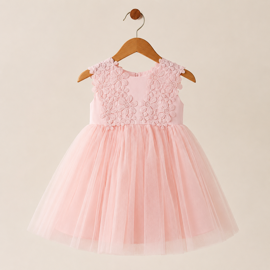 Robe bébé sans manches rose appliqués fleurs jupe tulle baptême