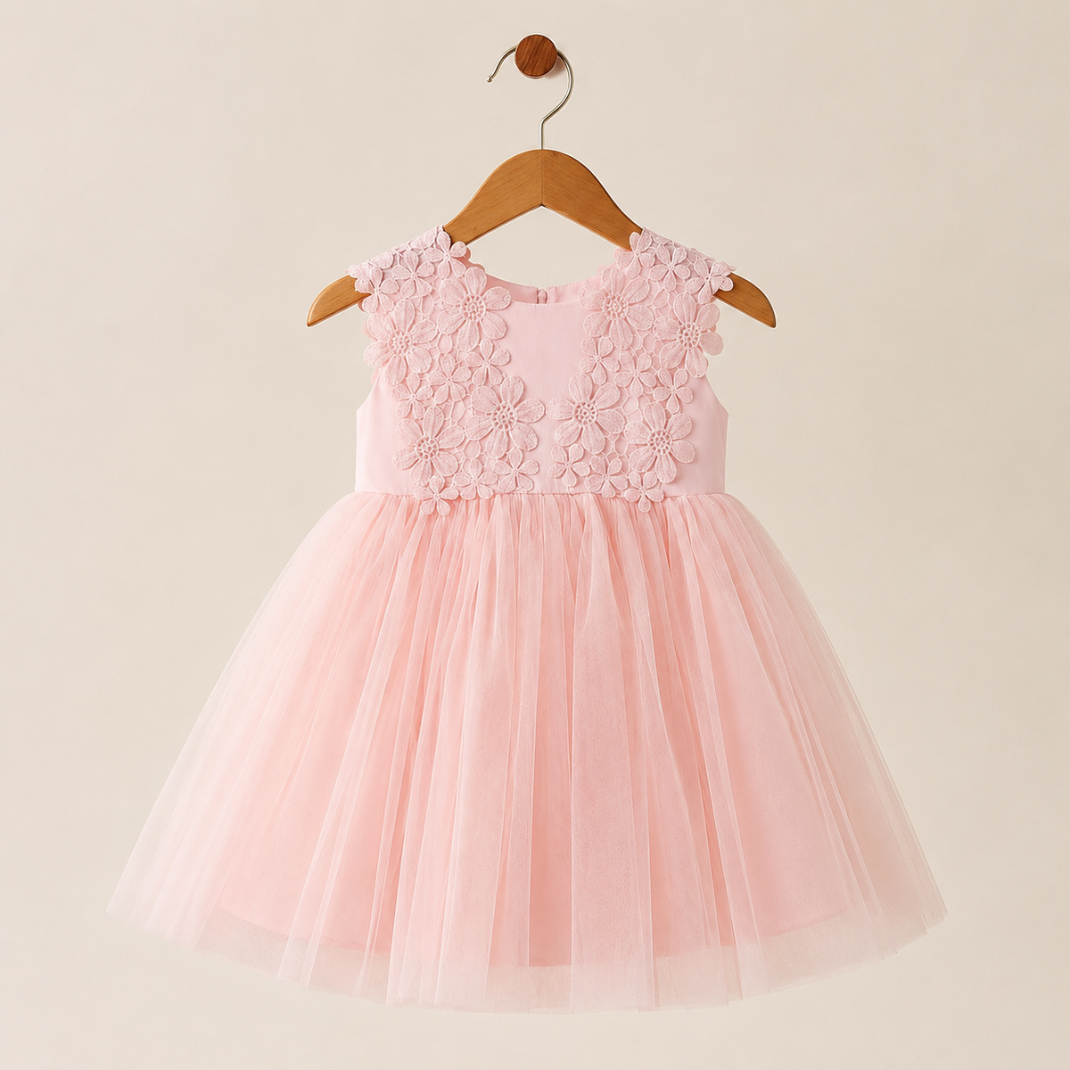 Robe bébé sans manches rose appliqués fleurs jupe tulle baptême