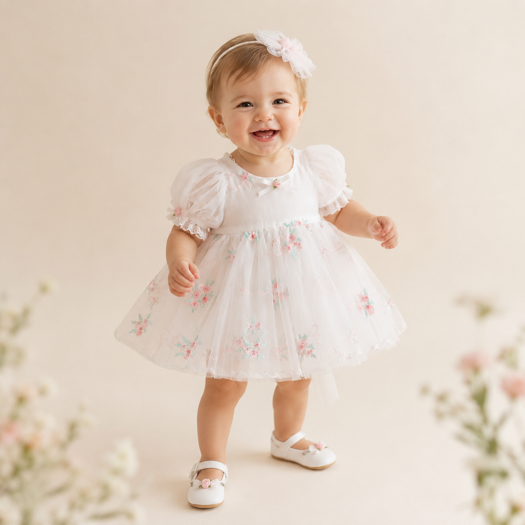 Barboteuse robe bébé rose manches bouffantes broderies florales