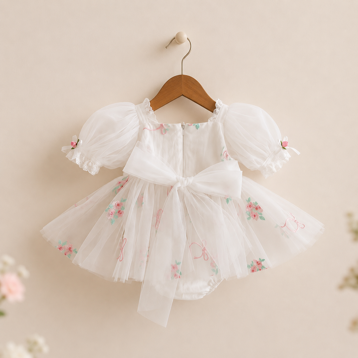 Barboteuse robe bébé rose manches bouffantes broderies florales