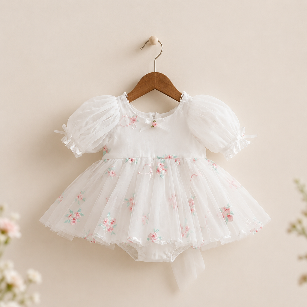 Barboteuse robe bébé rose manches bouffantes broderies florales