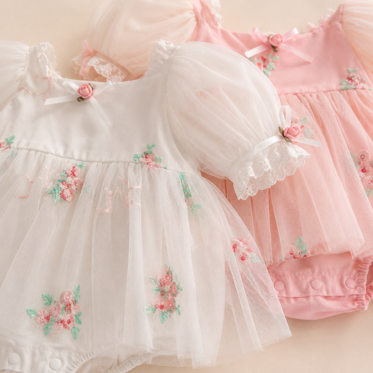 Barboteuse robe bébé rose manches bouffantes broderies florales
