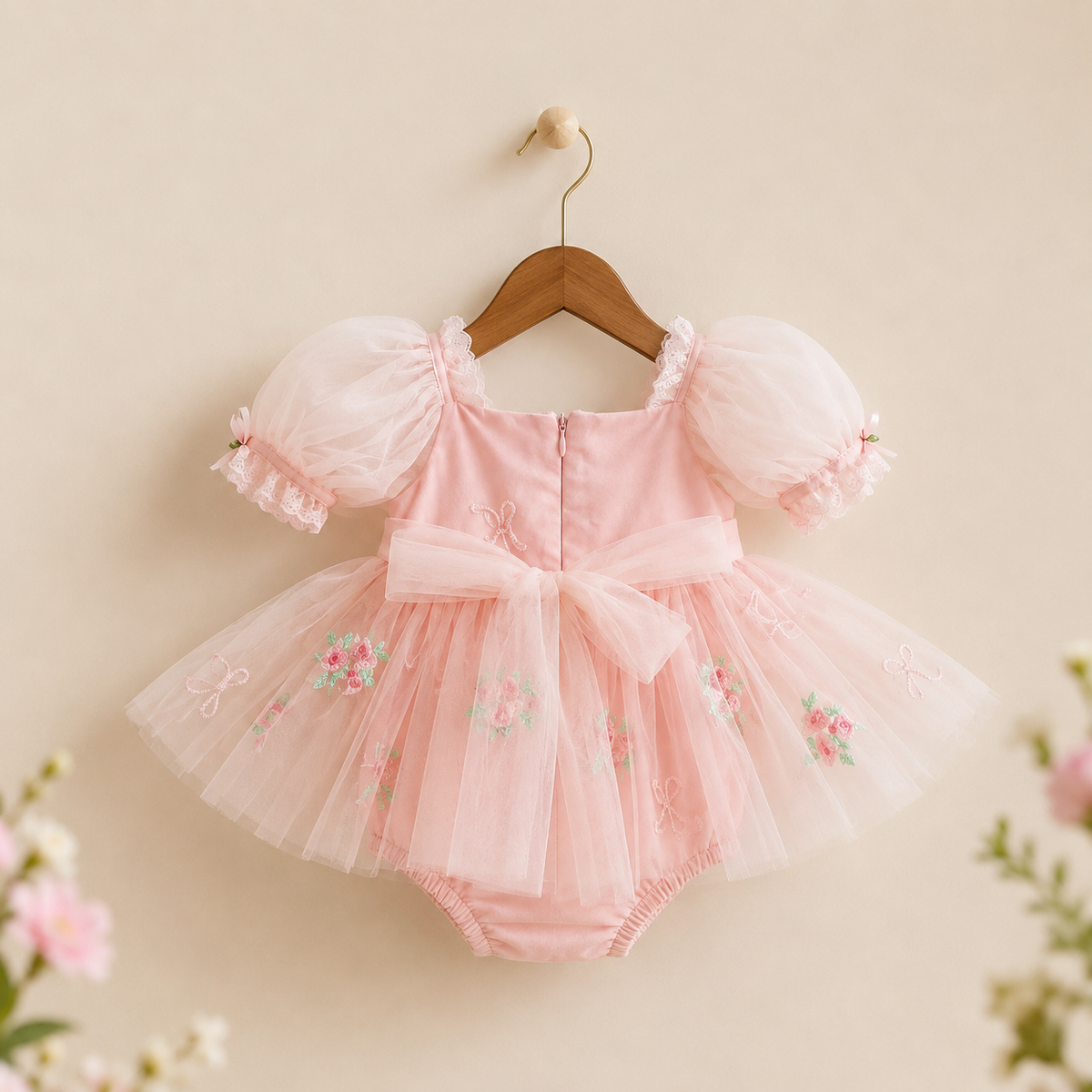 Barboteuse robe bébé rose manches bouffantes broderies florales