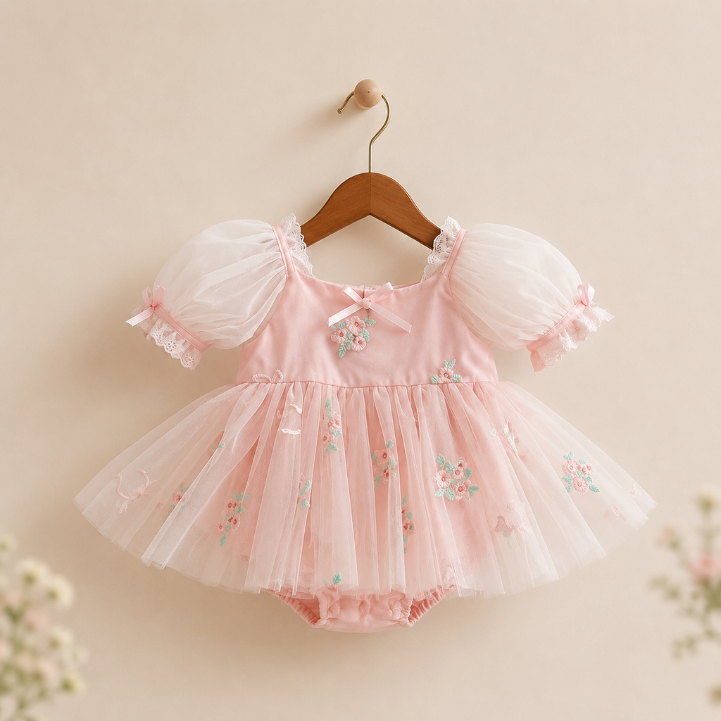 Barboteuse robe bébé rose manches bouffantes broderies florales