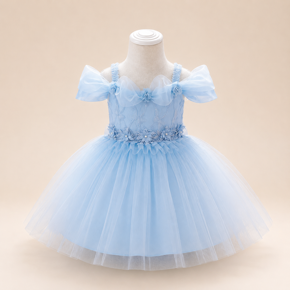 Robe bébé cérémonie bleue manches bouffantes dentelle florale tulle