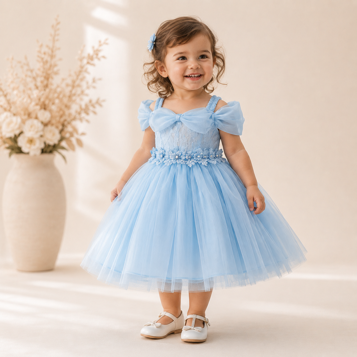 Robe bébé cérémonie bleue manches bouffantes dentelle florale tulle