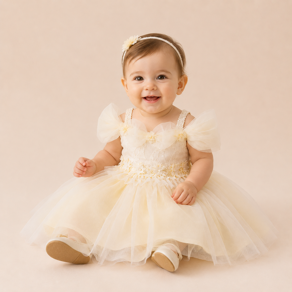 Robe bébé cérémonie bleue manches bouffantes dentelle florale tulle