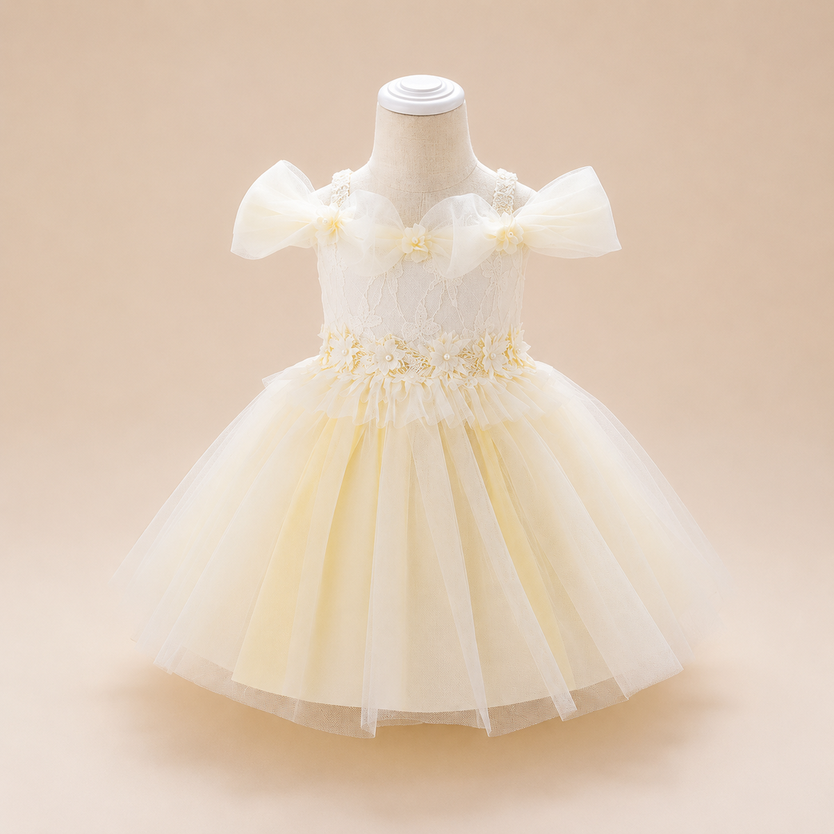 Robe bébé cérémonie bleue manches bouffantes dentelle florale tulle