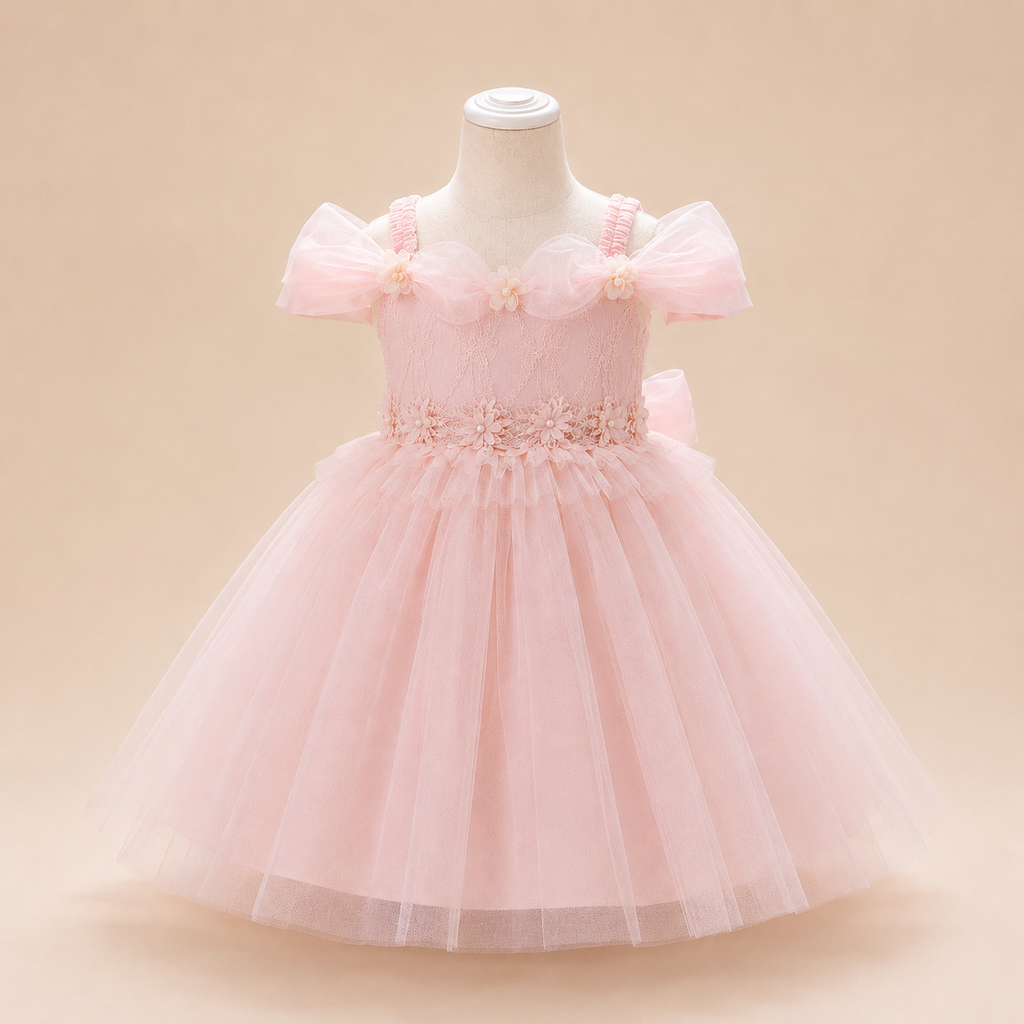 Robe bébé cérémonie bleue manches bouffantes dentelle florale tulle