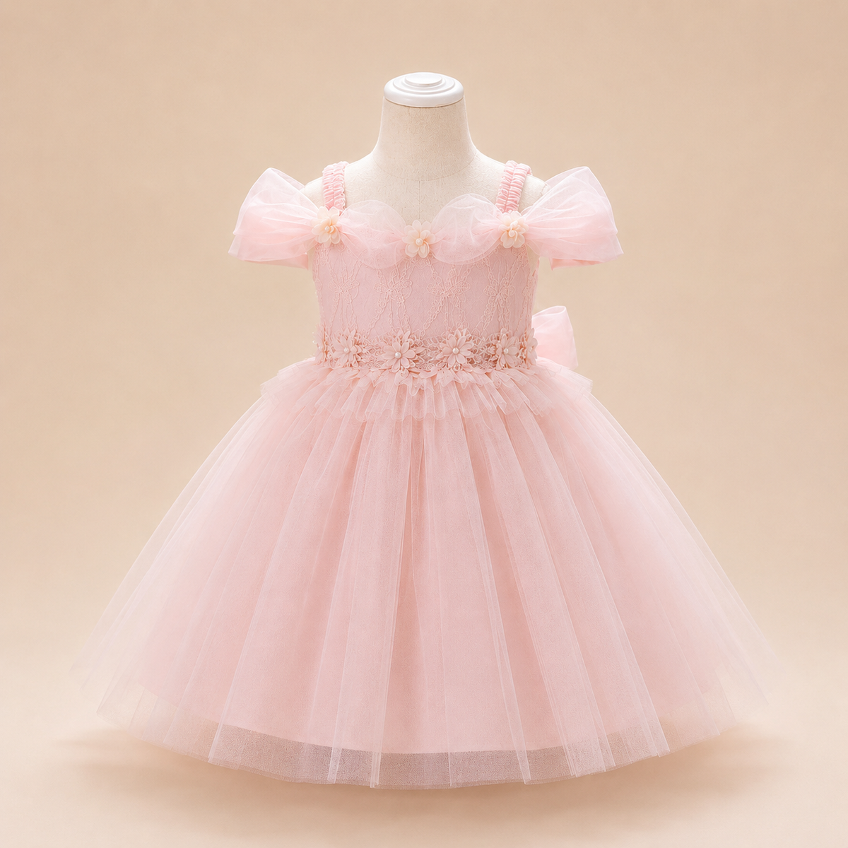 Robe bébé cérémonie bleue manches bouffantes dentelle florale tulle