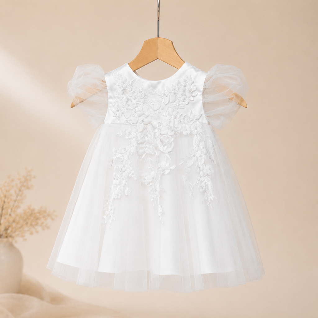 Robe blanche fille manches bouffantes appliqués dentelle baptême mariage
