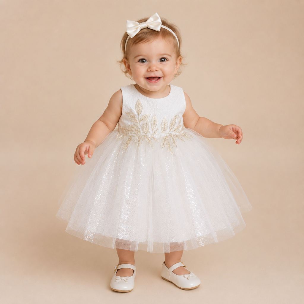 Robe baptême bébé ivoire broderies dorées feuilles jupe pailletée