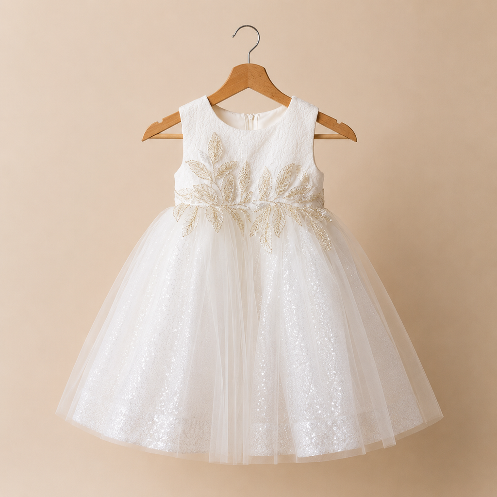 Robe baptême bébé ivoire broderies dorées feuilles jupe pailletée