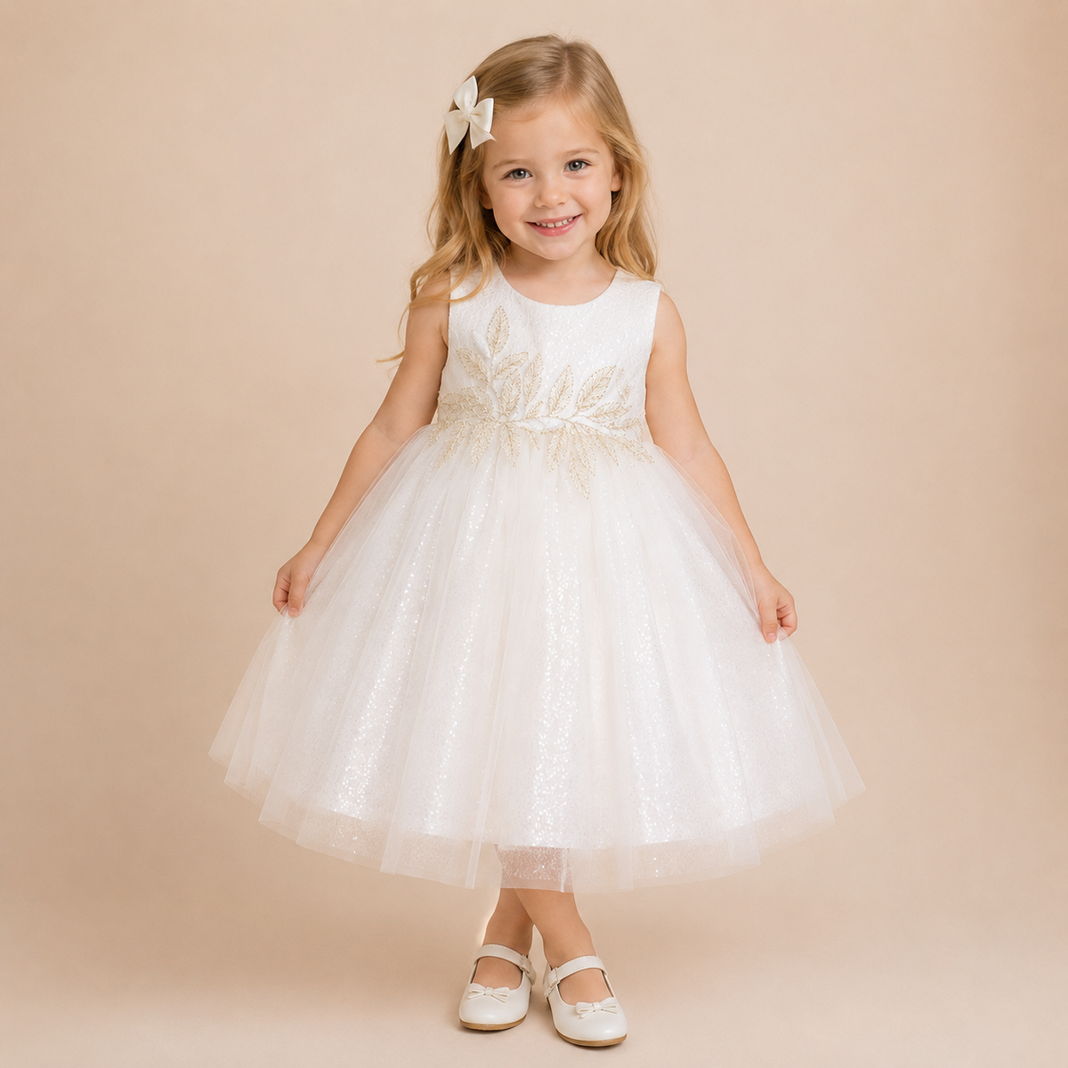 Robe baptême bébé ivoire broderies dorées feuilles jupe pailletée