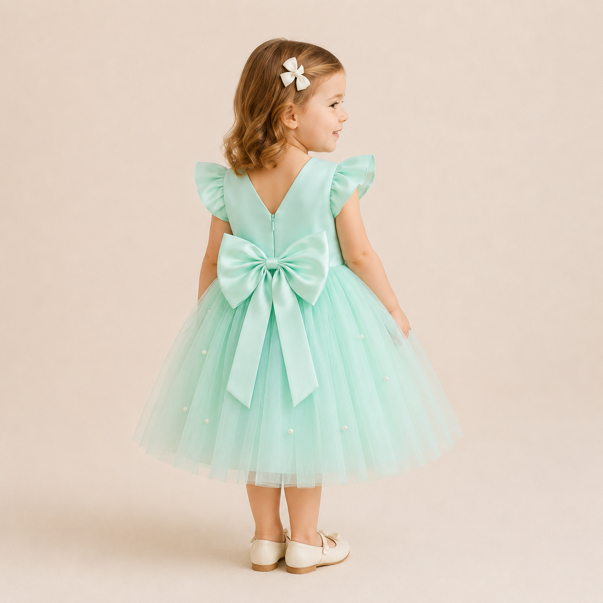 Robe cérémonie fille vert menthe nœud dos volumineux jupe longue