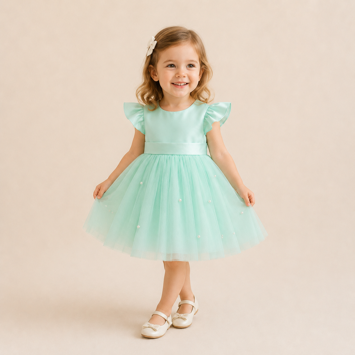 Robe cérémonie fille vert menthe nœud dos volumineux jupe longue