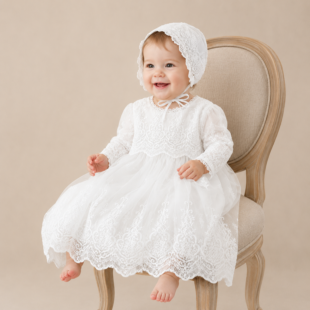 Robe longue de baptême bébé dentelle et béguin assorti blanc