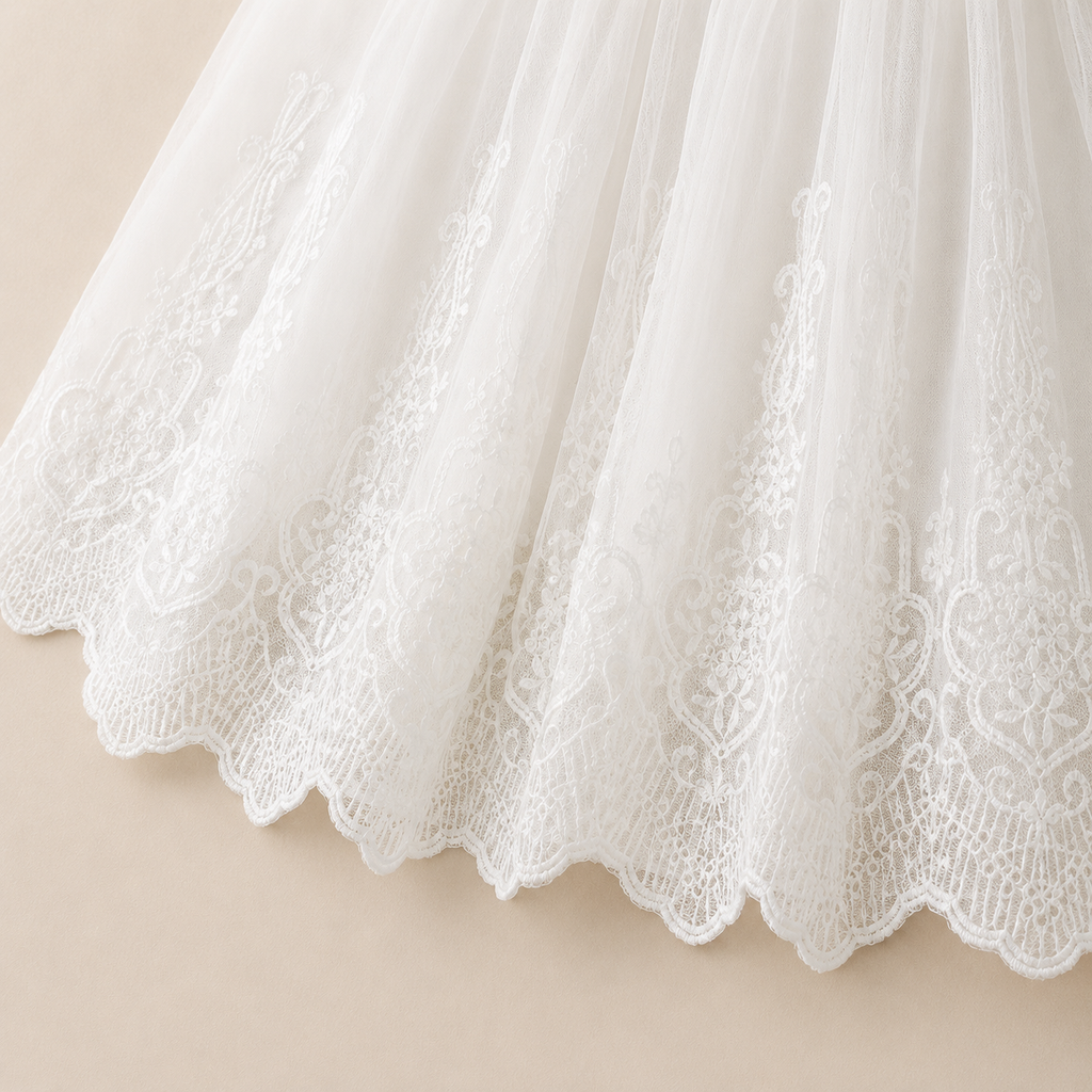 Robe longue de baptême bébé dentelle et béguin assorti blanc