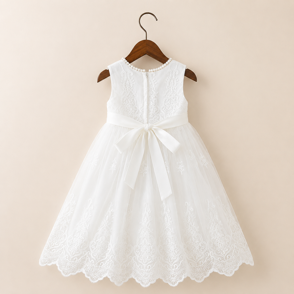 Robe longue de baptême bébé dentelle et béguin assorti blanc