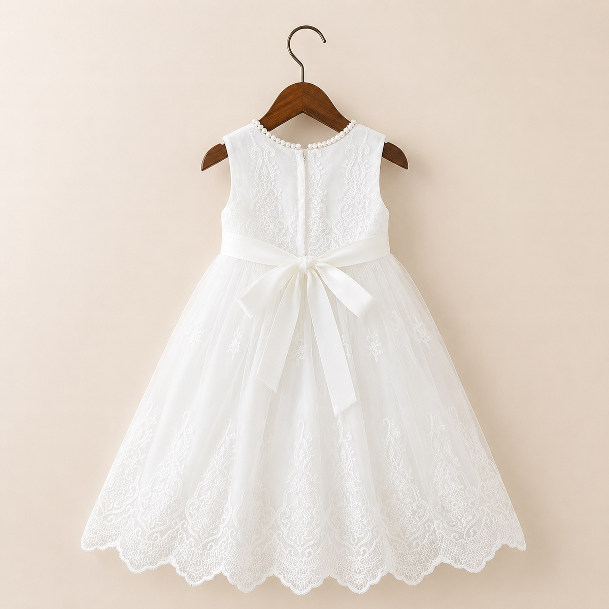Robe longue de baptême bébé dentelle et béguin assorti blanc