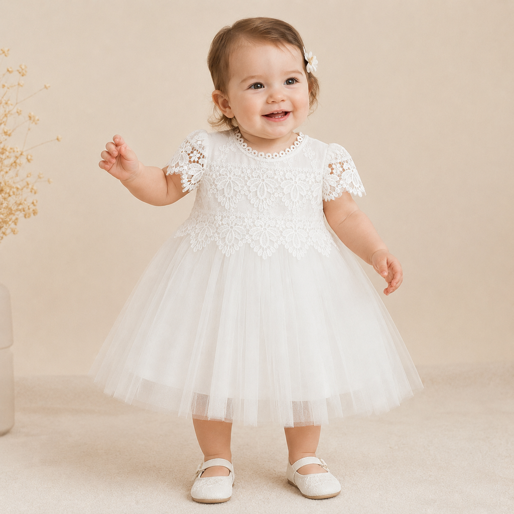 Robe baptême bébé dentelle festonnée manches courtes nœud dos