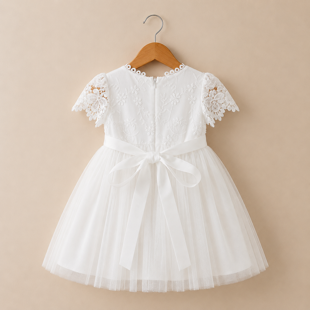 Robe baptême bébé dentelle festonnée manches courtes nœud dos