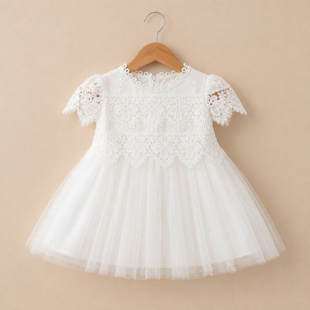 Robe baptême bébé dentelle festonnée manches courtes nœud dos