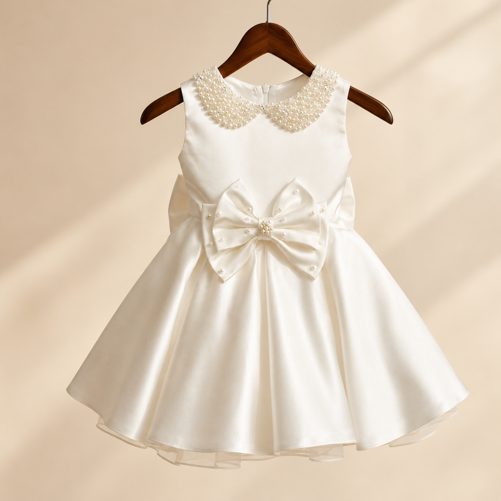 Robe bébé blanche satin col perlé grand nœud devant baptême