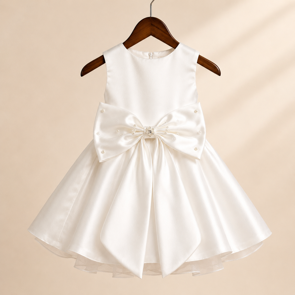 Robe bébé blanche satin col perlé grand nœud devant baptême